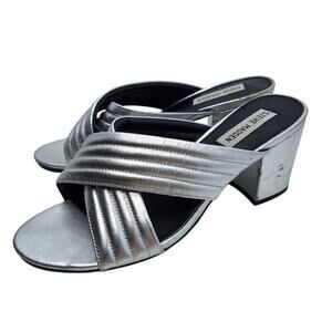 Steve Madden ICON Sandals Puffy Cross Strap Leather 8.5 Block Heel Metallic